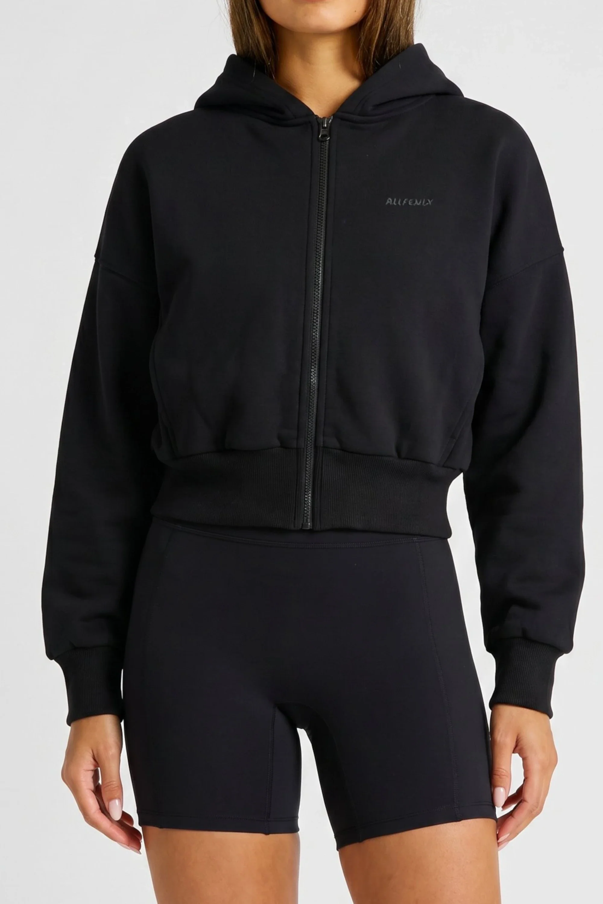 Cropped Zip Hoodie - Black - Image 3