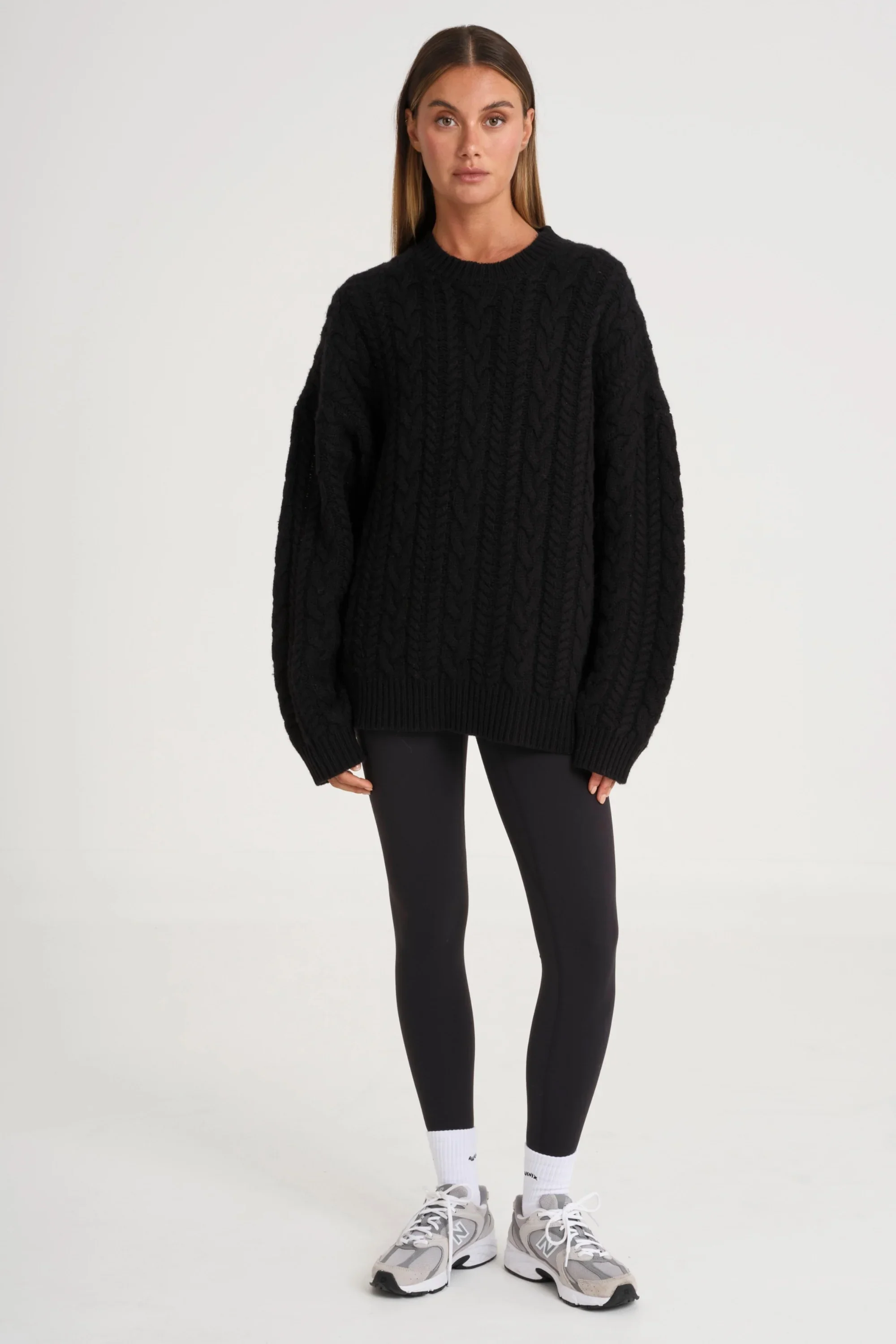 Oversized Crew Neck Cable Knit - Black - Image 3