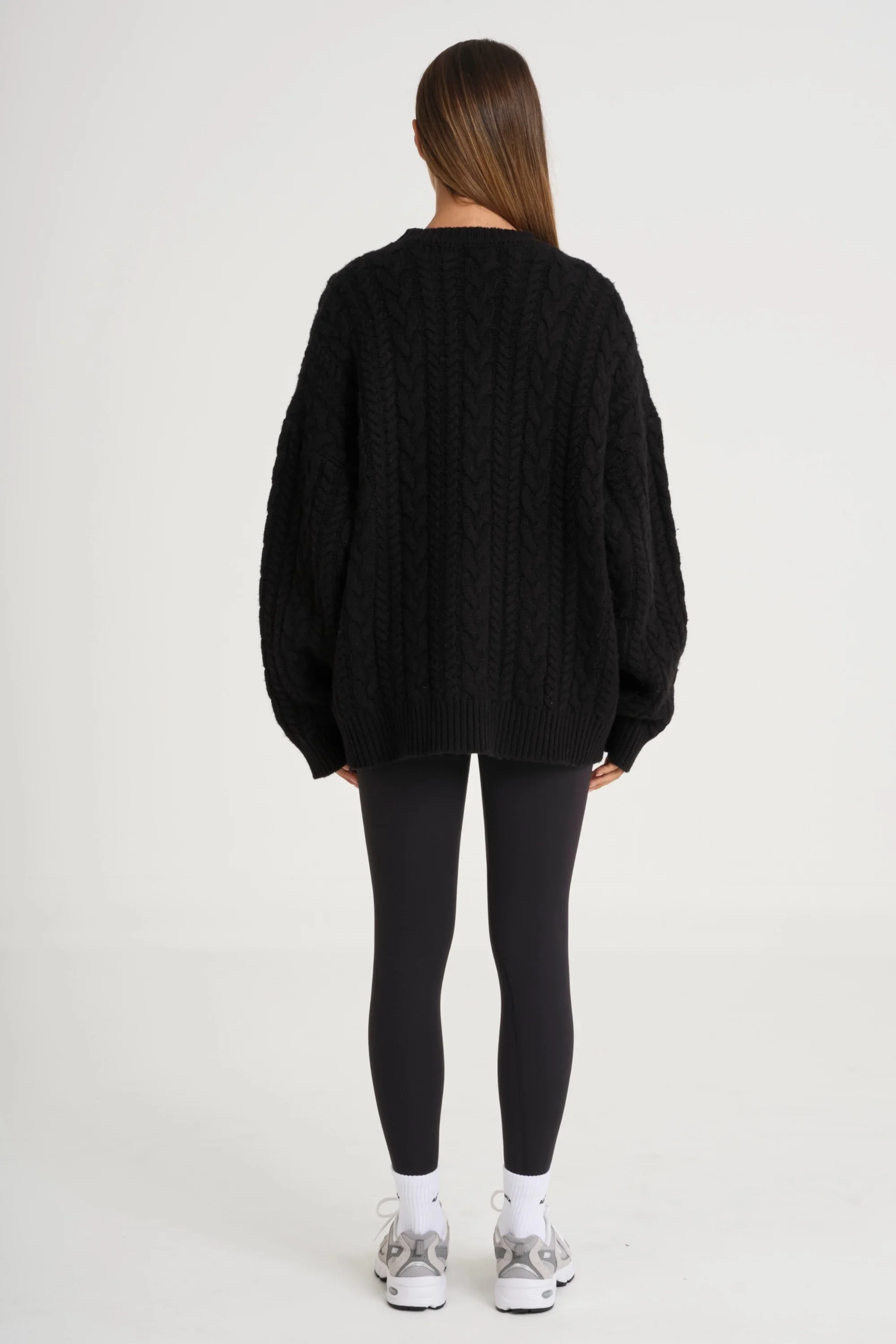 Oversized Crew Neck Cable Knit - Black - Image 5