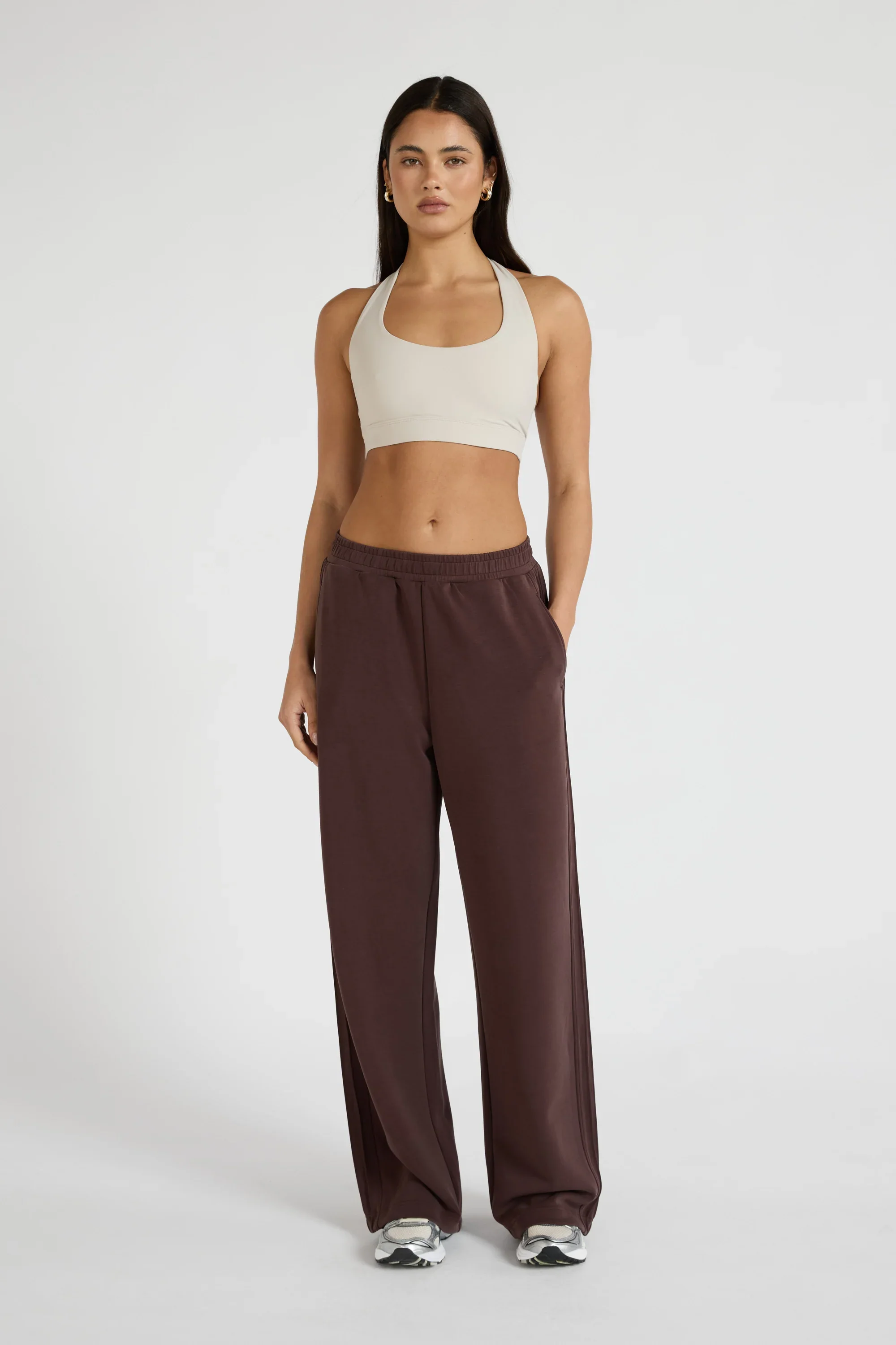 Soft Luxury Pin Tuck Wide Leg Track Pant - Espresso - Image 3