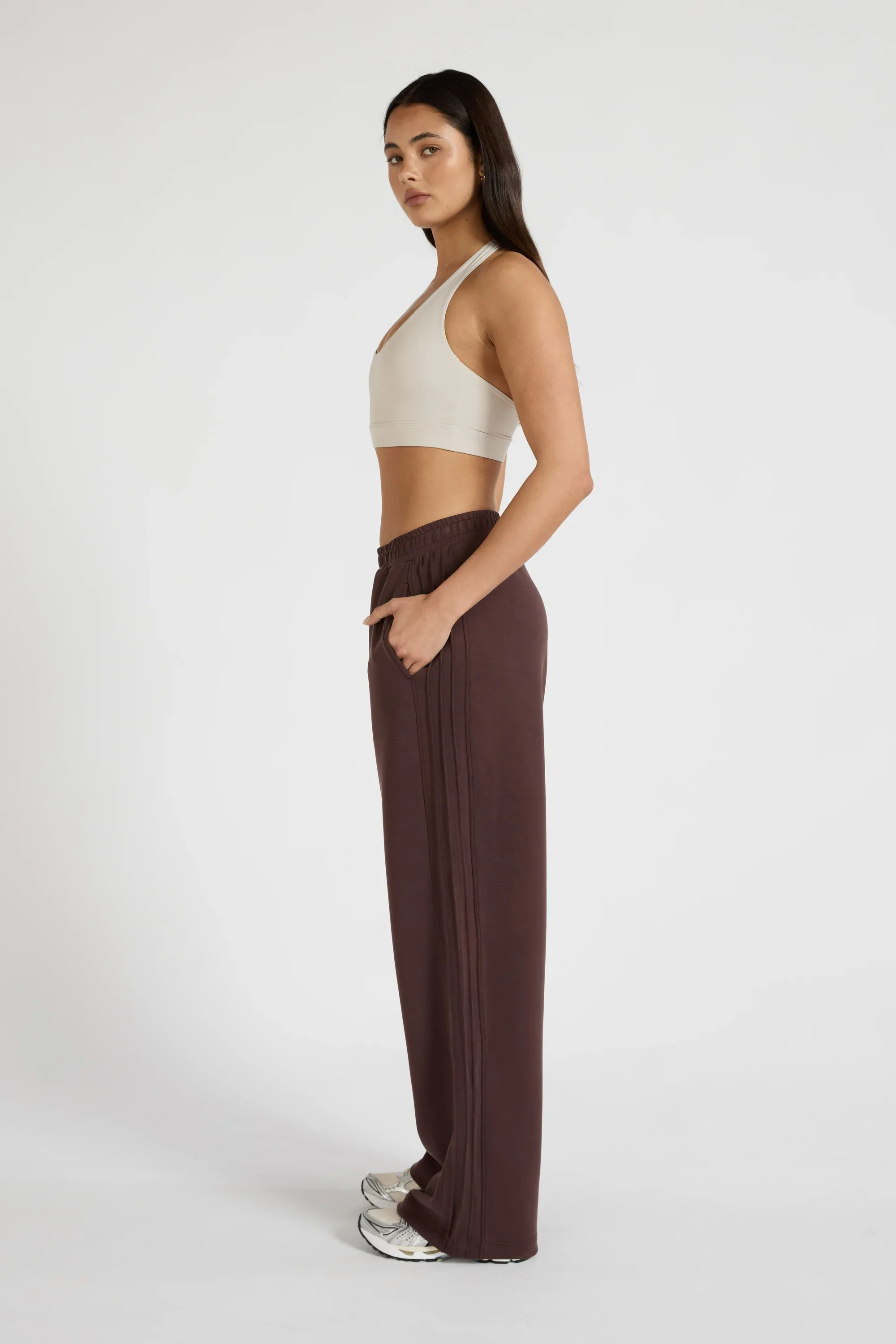 Soft Luxury Pin Tuck Wide Leg Track Pant - Espresso - Image 4